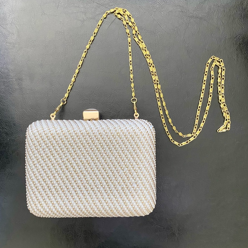 Orly Clutch Pearl and Gold Beads Hard Case Evening Clutch